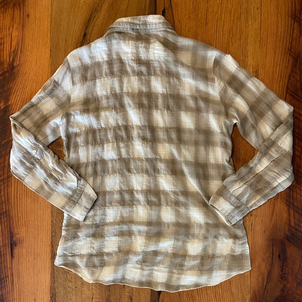 Johnny Was Embroidered Cotton Button Up Top, Saddle Brown & Beige Plaid, Sz Sml - Picture 7 of 7